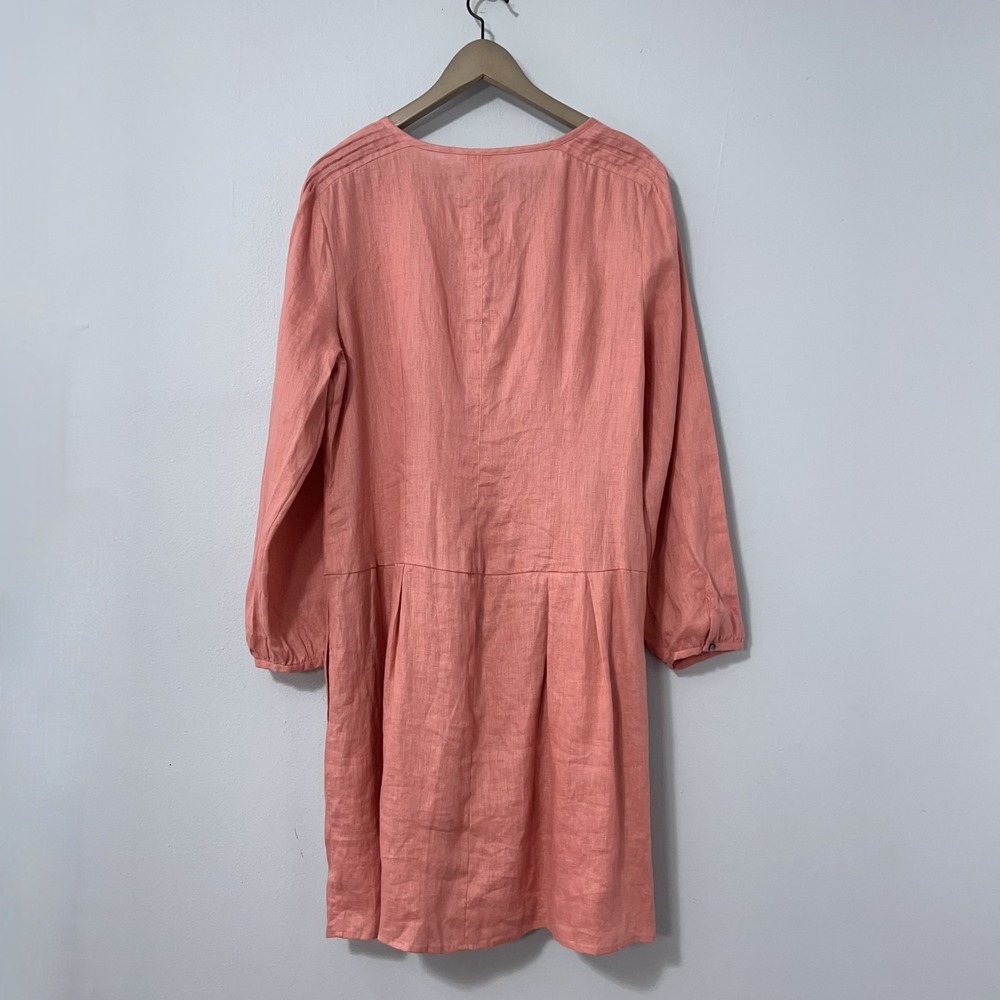 Sundance Linen Dress XL Coral Pintuck Drop-Waist Long Sleeve Side Seam Pockets - Picture 3 of 12